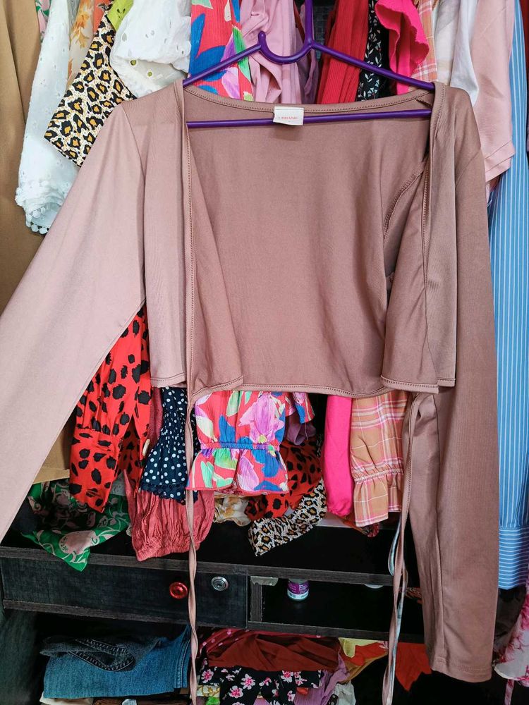 Nude Pink Cropped Tie-Front Cardigan Top
