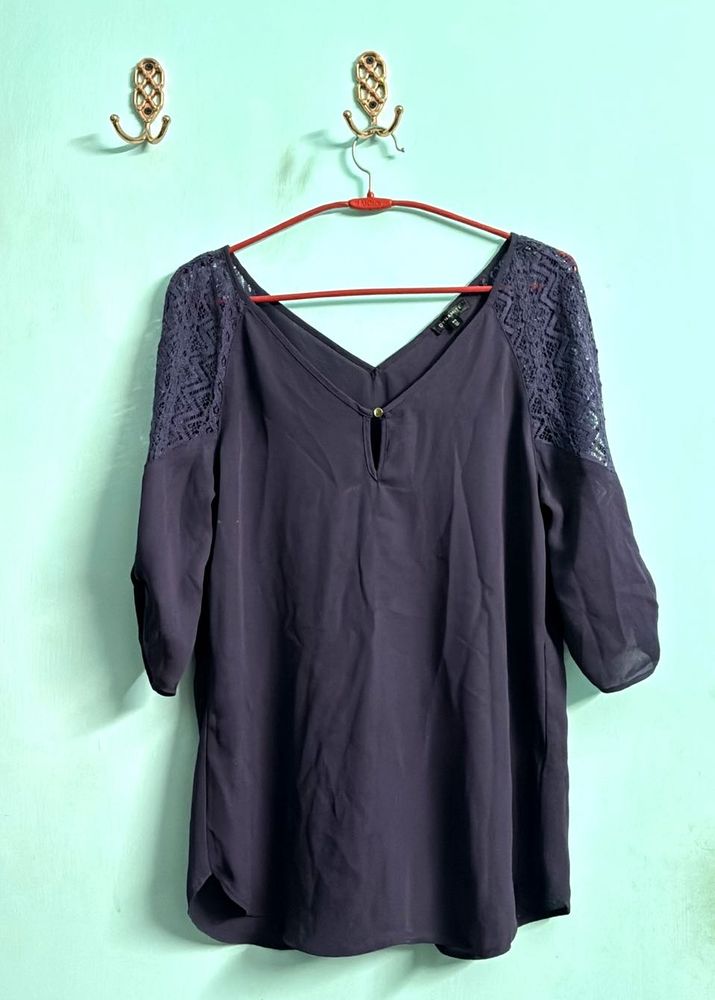 Purple V Neck Tunic With Net Detailing