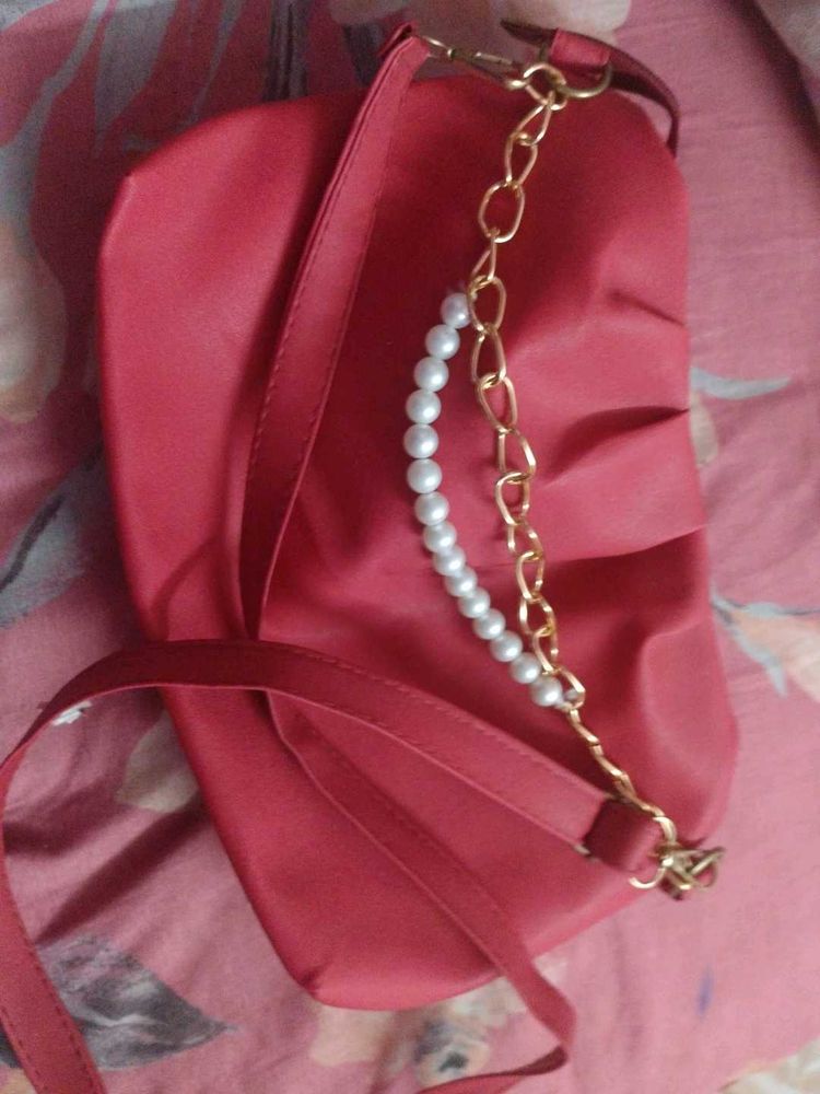 Red Ruched Pearl Chain Bag