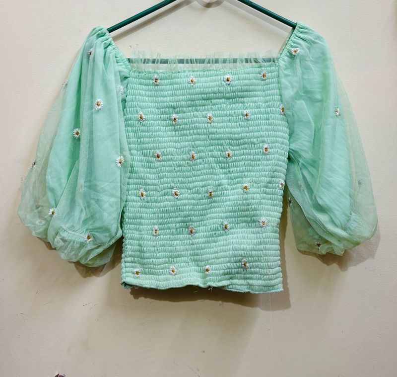 Women Green Floral Cute Top