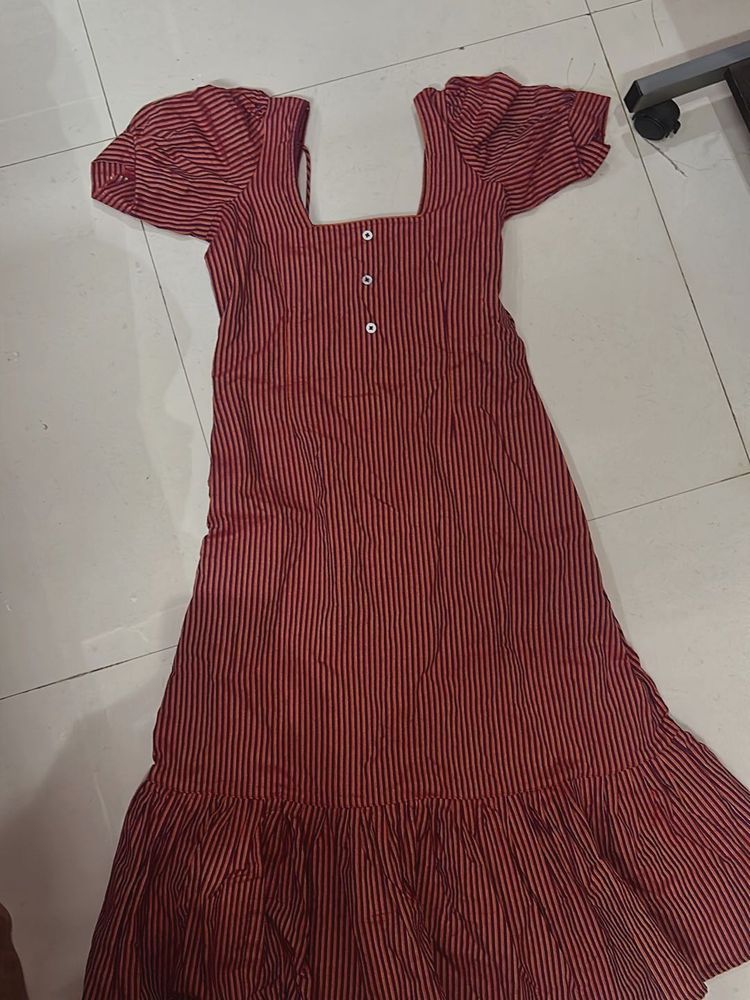 Striped Puff Sleeve Midi Dress