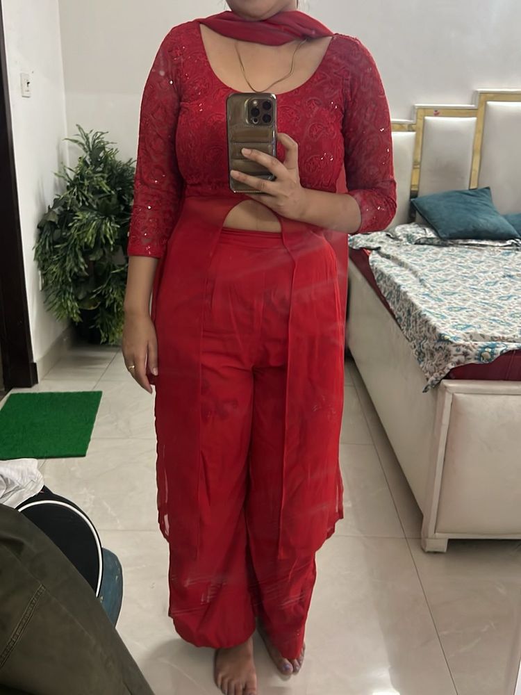 Red Embroidered Palazzo Suit❤️