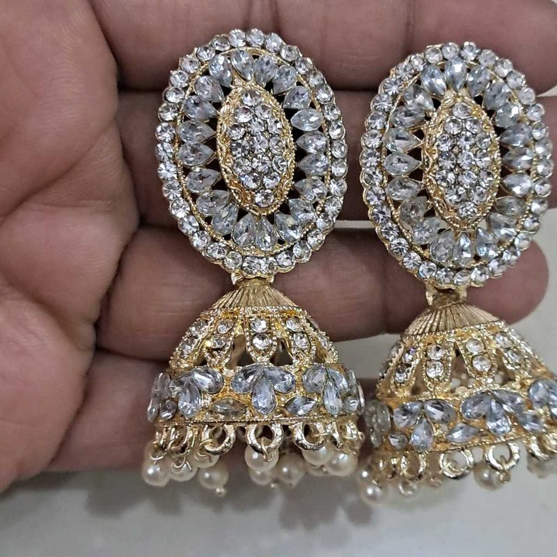 New Party Wear White Stone Jhumkhas