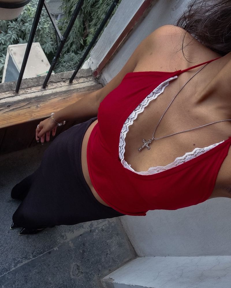 Dark Red Lace Halterneck Top