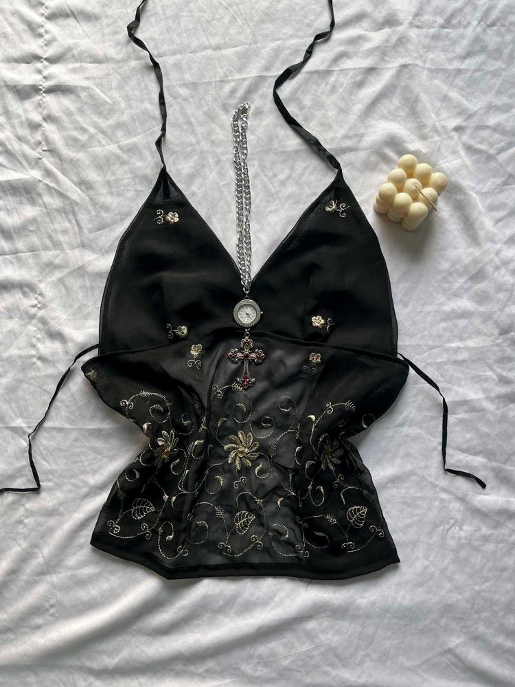 Embroidered Black backless Top