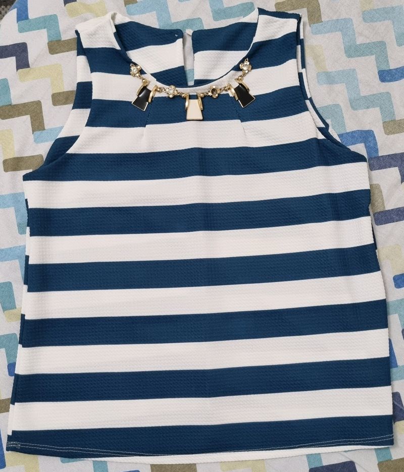Blue &amp; White Top With Attached Necklace