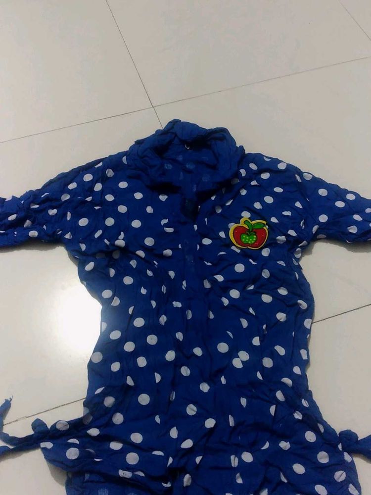 Chic Blue Dotted Shirt-Style Top with Sleeves