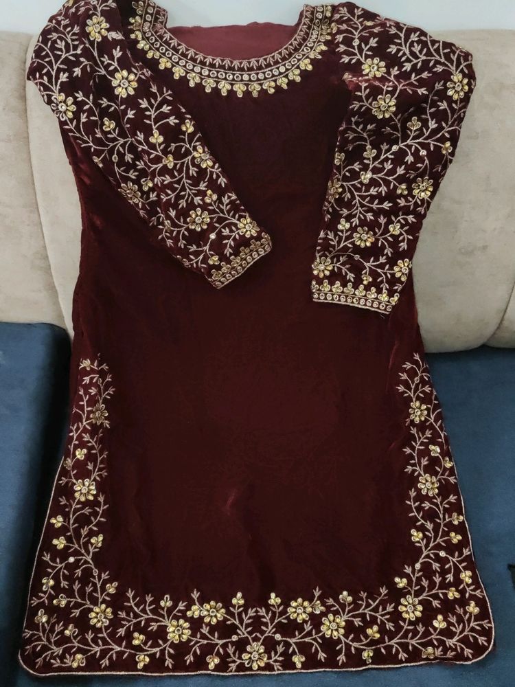 Velvet Embroidery Kurta For Winter