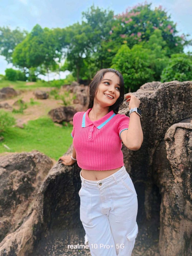 Pink Crop Top With Blue Collar