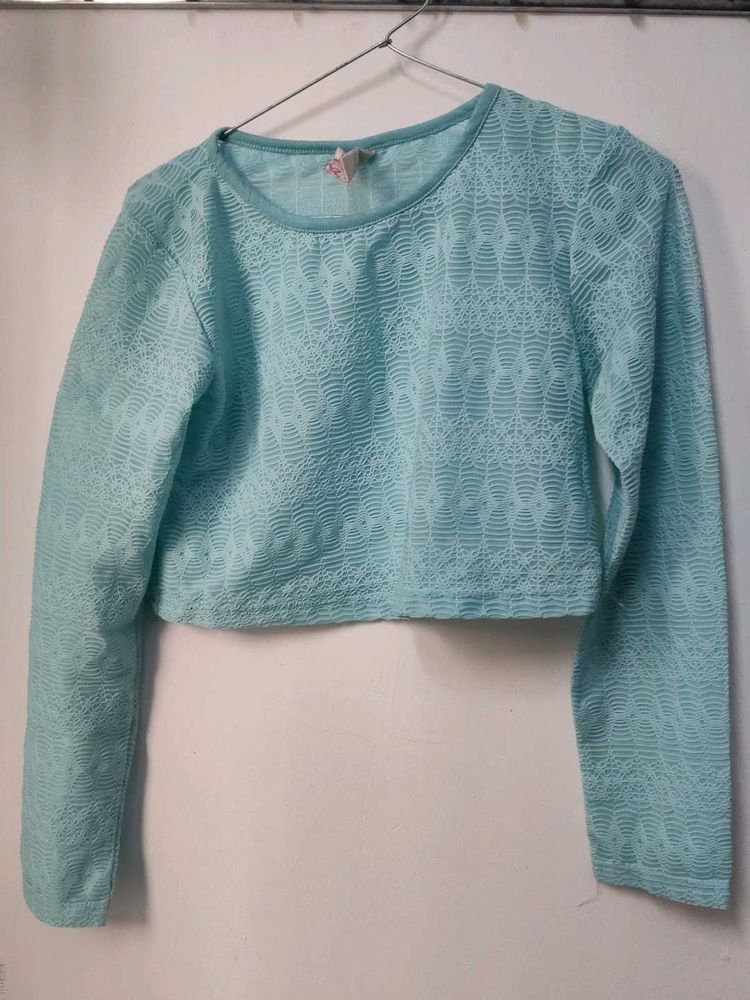 Blue Cropped Long Sleeve Top
