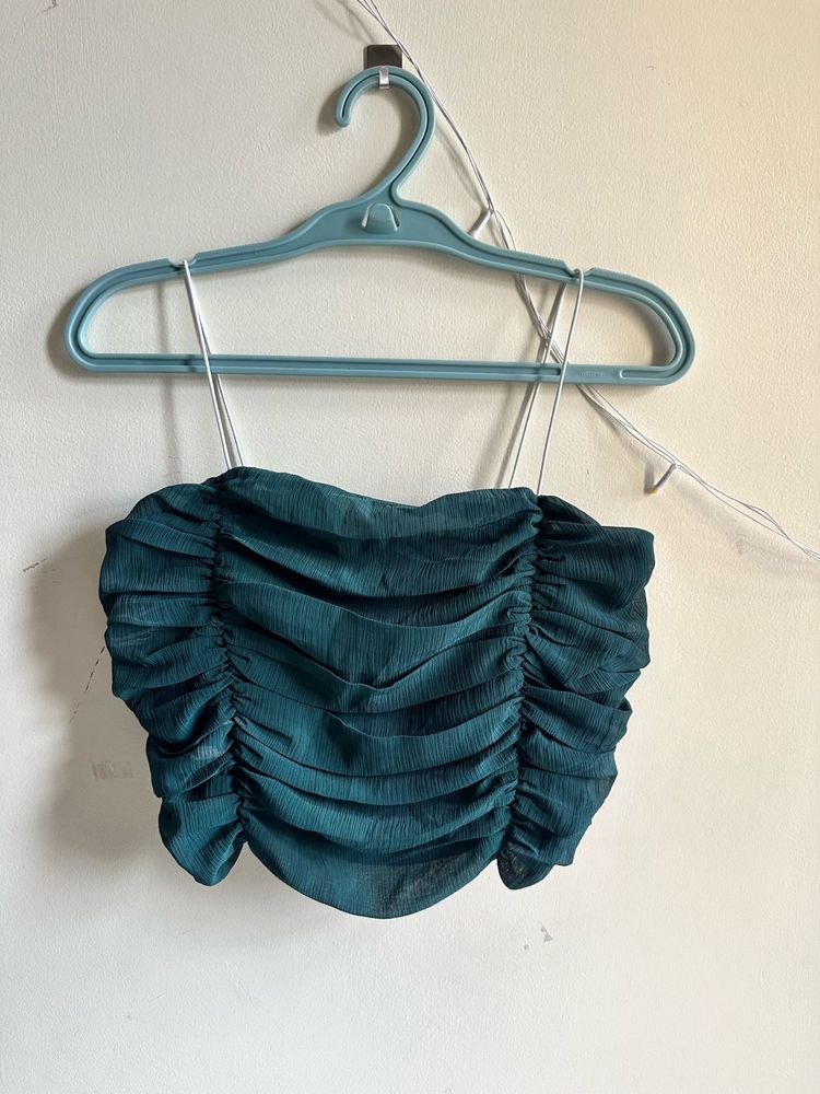 Teal Green Ruched Party Crop Top