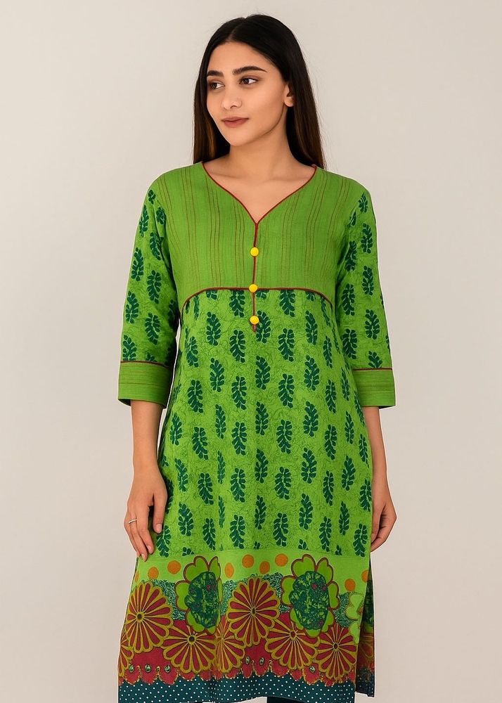 Rajasthani Green Printed Kurti With Red Piping