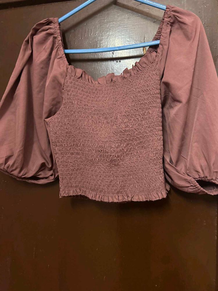 Mauve Crop Top with Balloon Sleeves