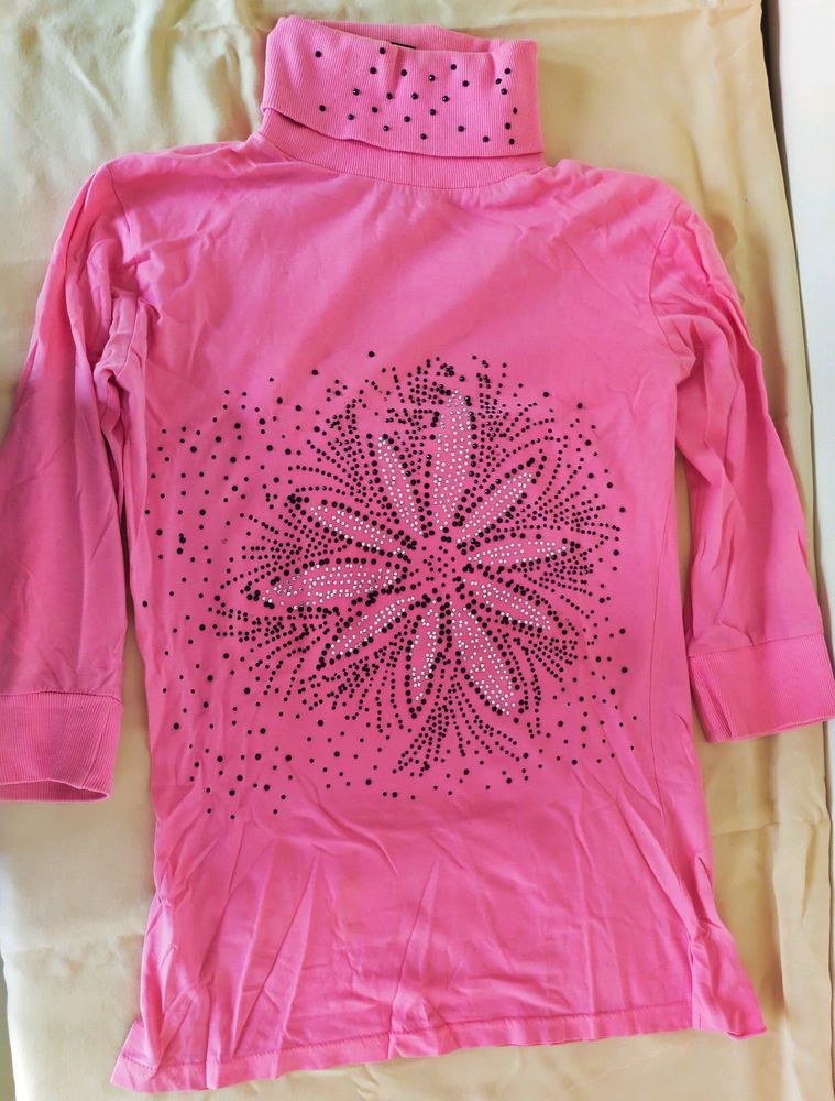 Pink Turtle Neck Top With Rhinestone Floral design
