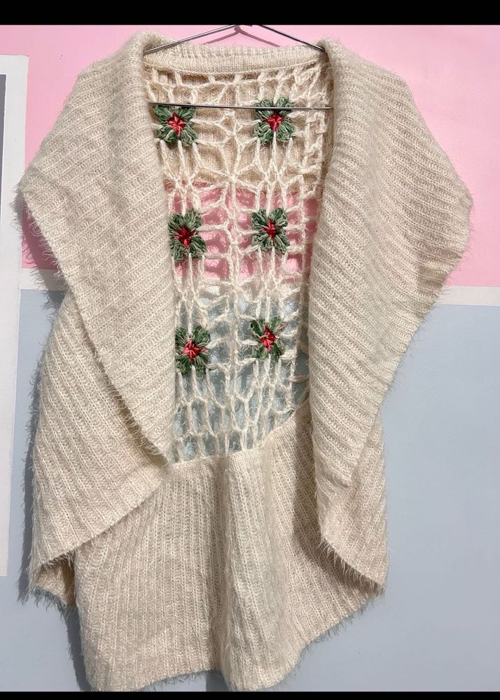 Cozy Handmade Woolen Shrug+floral Back Detail