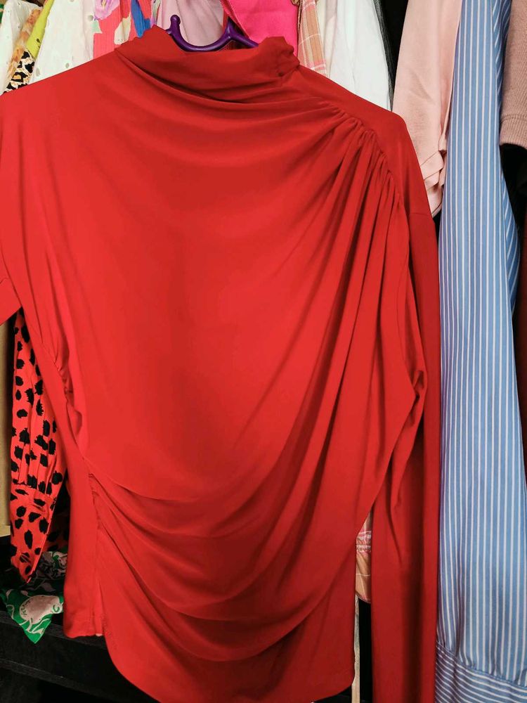 Chic Red Mock Neck Ruched Draped Top