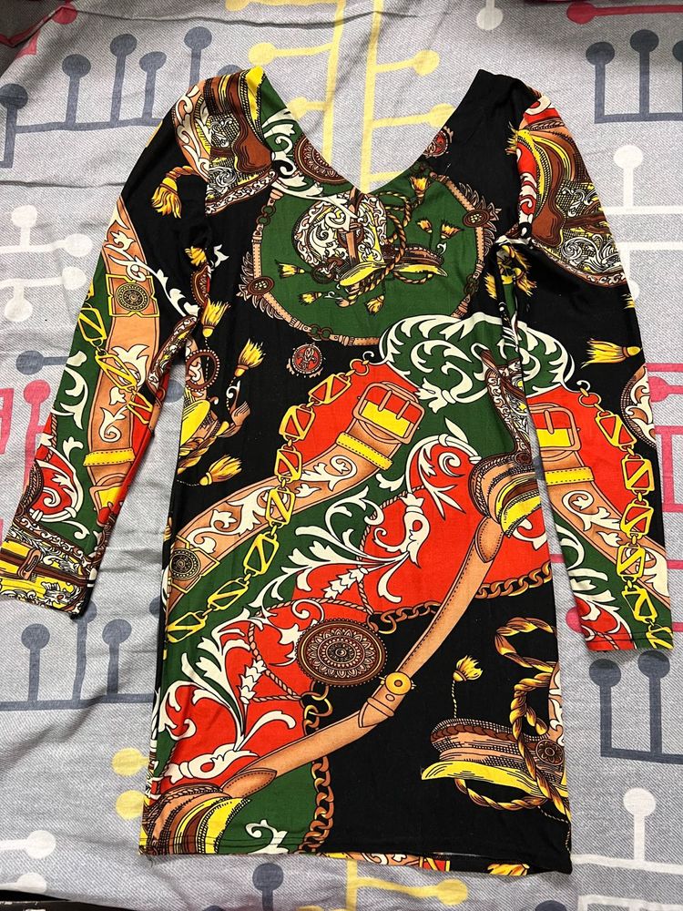 Patterned Long Sleeve Mini Dress