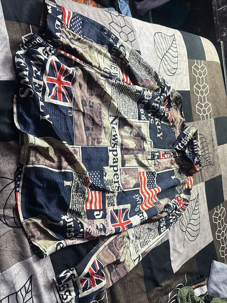 Novelty Newspaper Print Button-Down Shirt