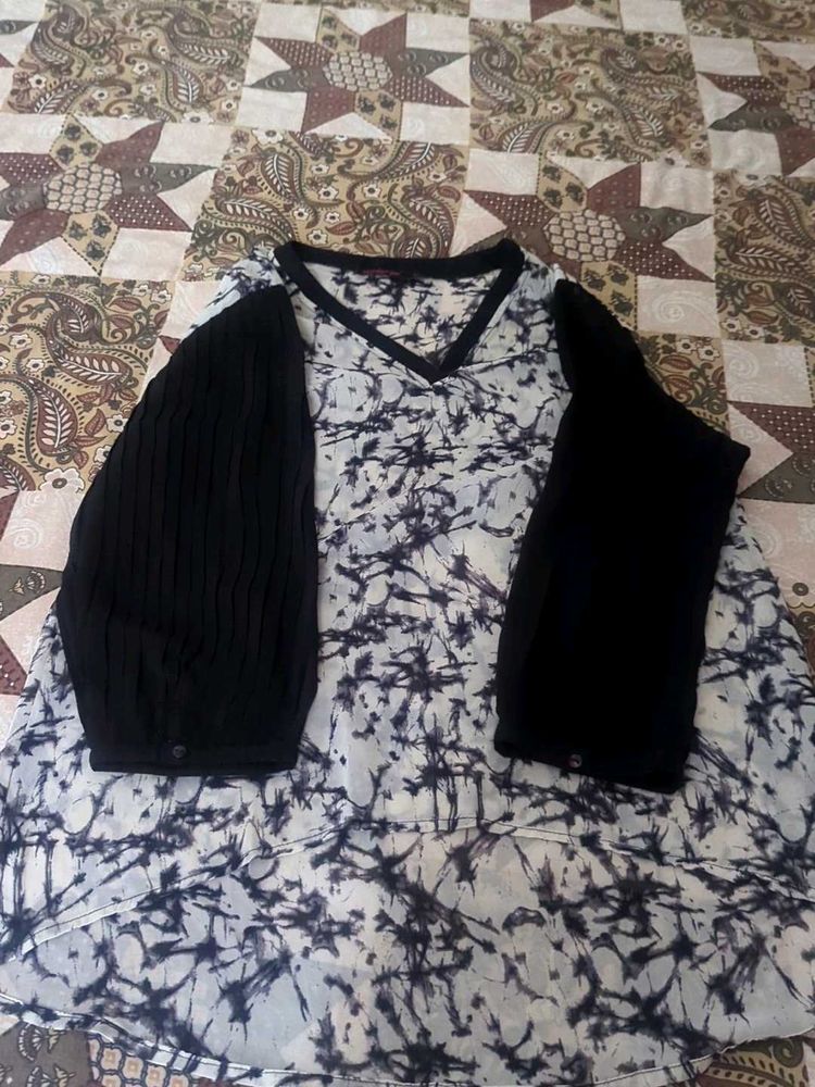 White and Black V-Neck Top