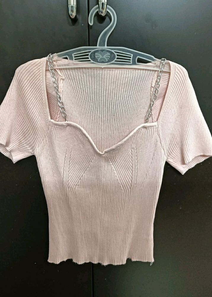 Korean Pink Top With Chain Detail