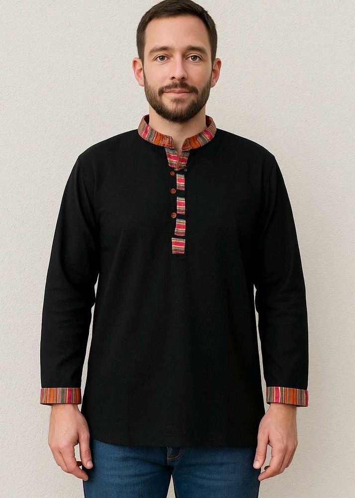 UNISEX Black Long Sleeve Pahadi Kurta with Trim