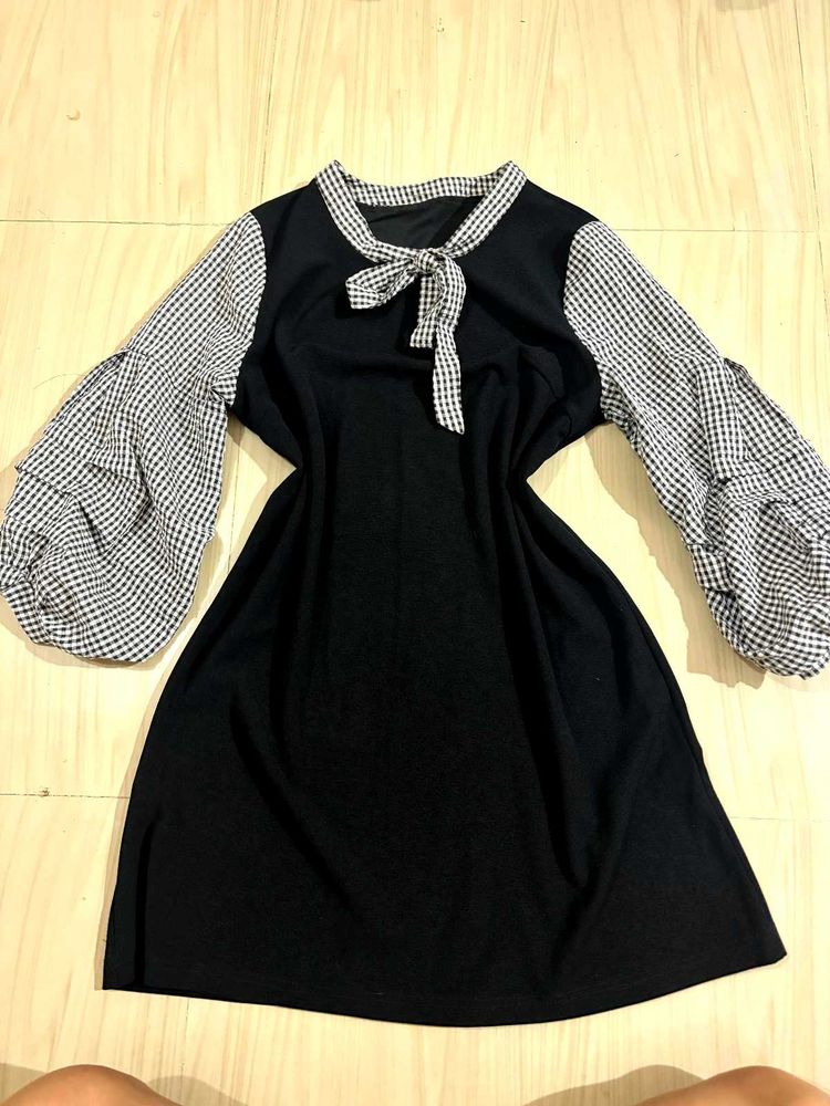 Gingham plaid puffed dress