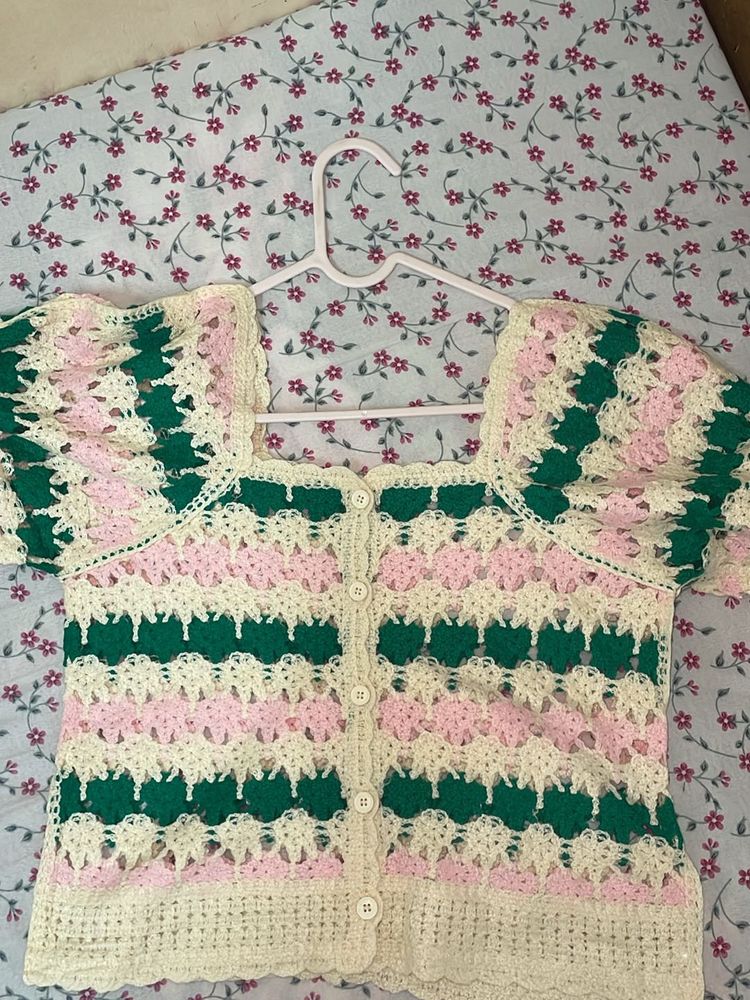 Cute Square Neck Colour Block Crochet Cardigan 🩷