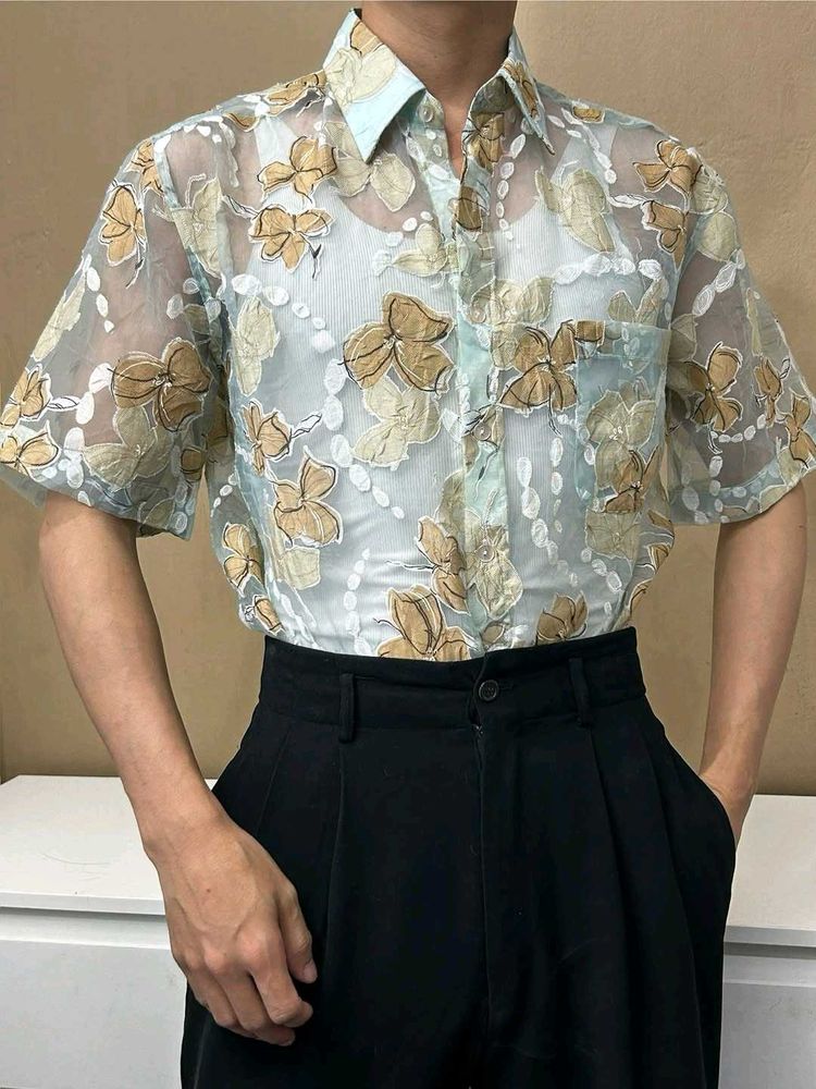 Floral applique Mesh shirt