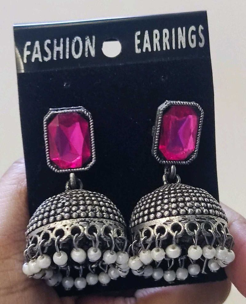 Pink Stone Jhumka Earrings