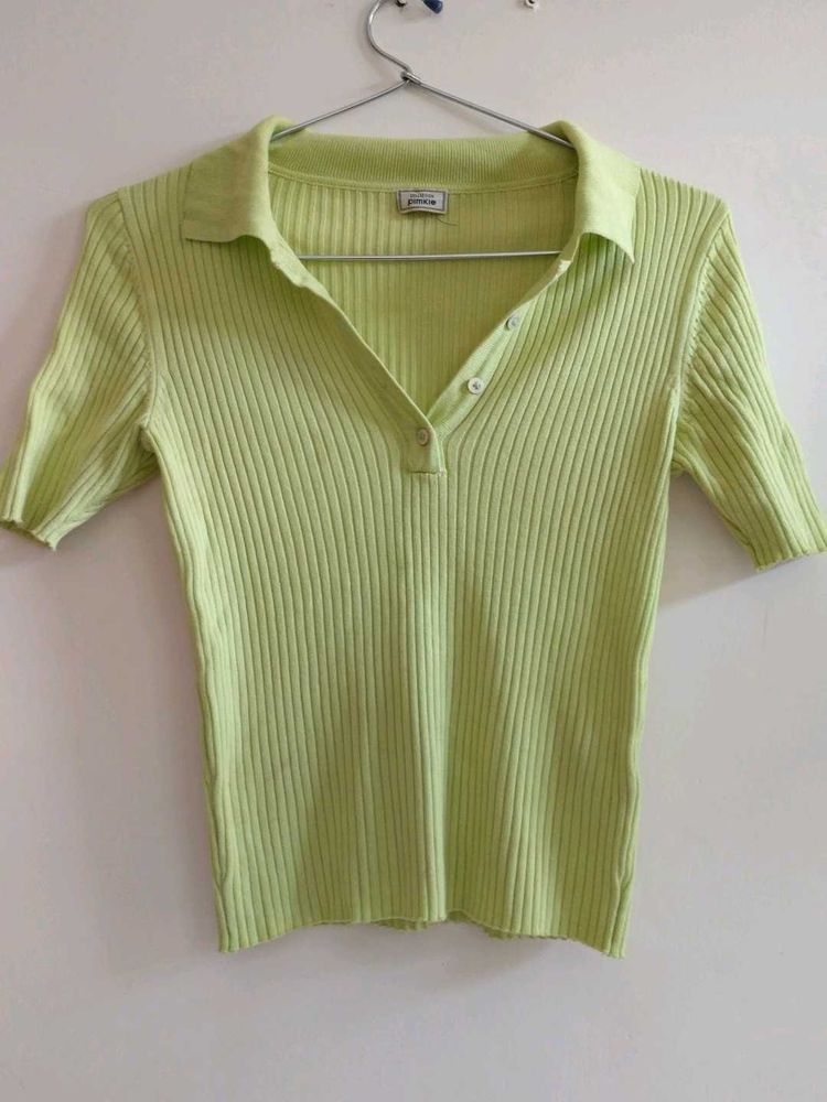 Green Ribbed Polo Top