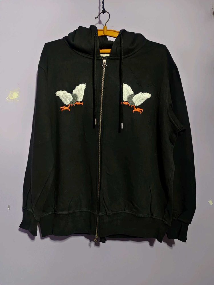 Off White Embroidered Zip-Up Hoodie