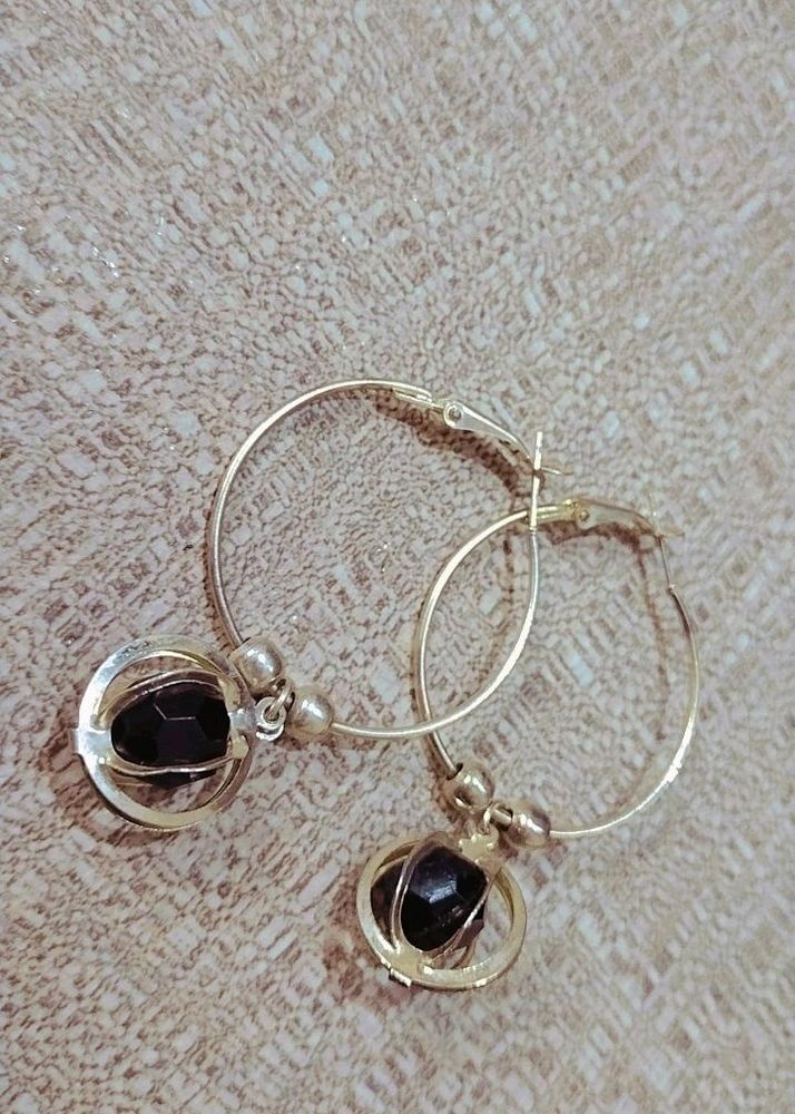 Silver Hoop With Black Stone Earrings