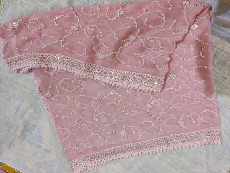 Pink Embroidered Fabric with Scalloped Trim