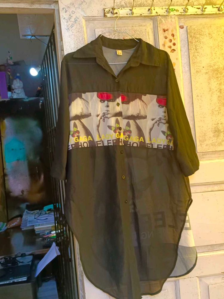 Lady Gaga Graphic Sheer Button-Up