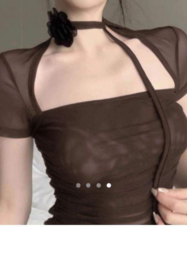 Brown Mesh Top with Flower Choker