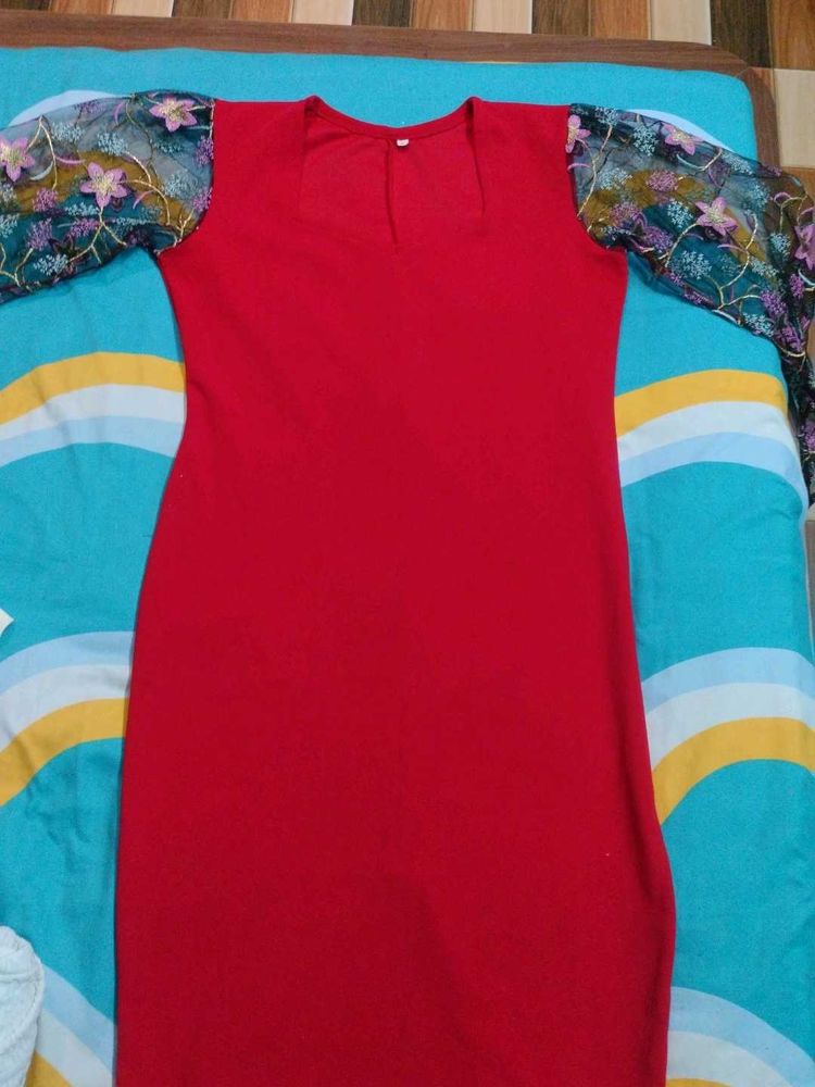 Red Bodycon Dress with Floral Sleeves