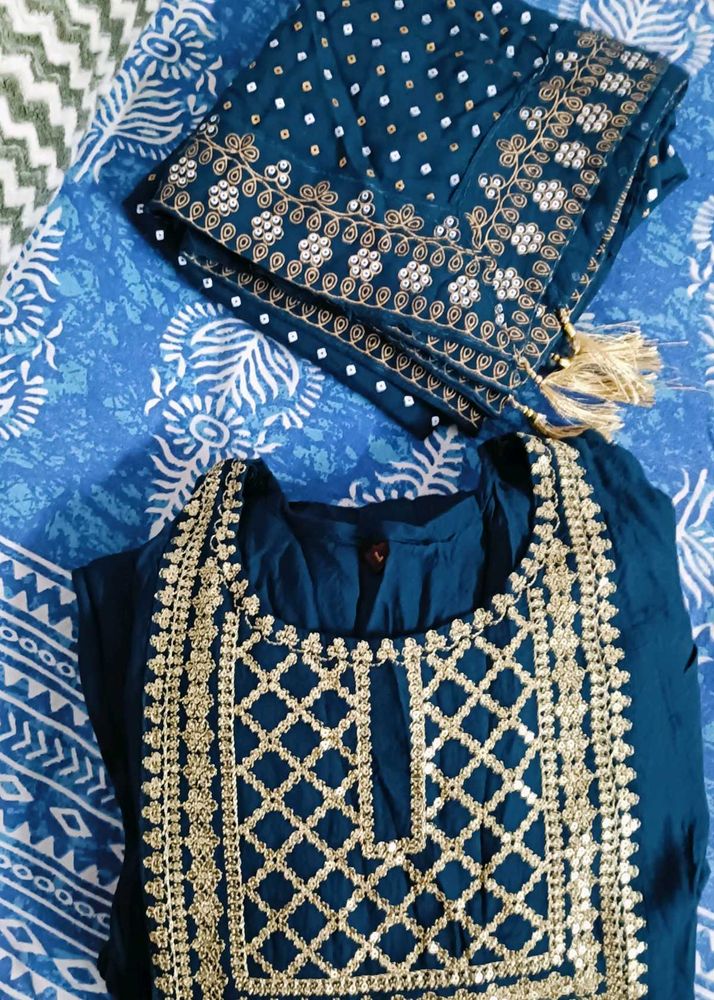 Teal Embroidered Gown With Long Dupatta