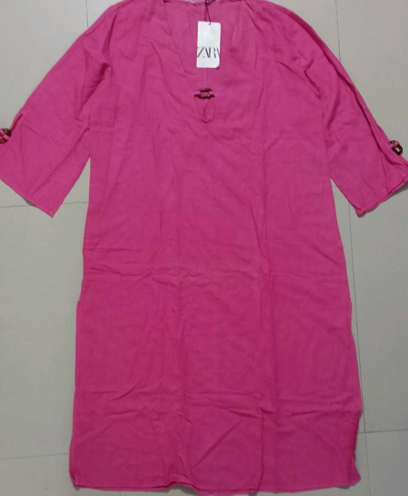 Zara Flowing Linen Blend Tunic Dress Fuchsia Pink