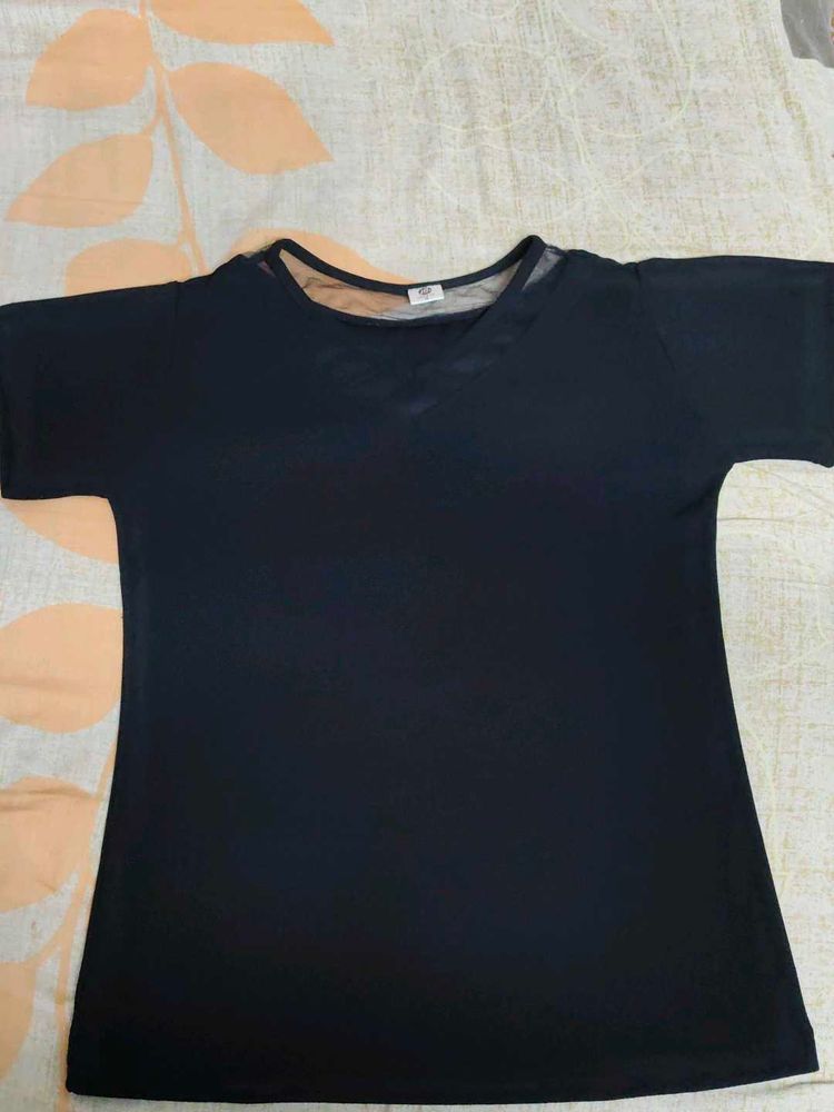 Black T-Shirt With Net On Neck