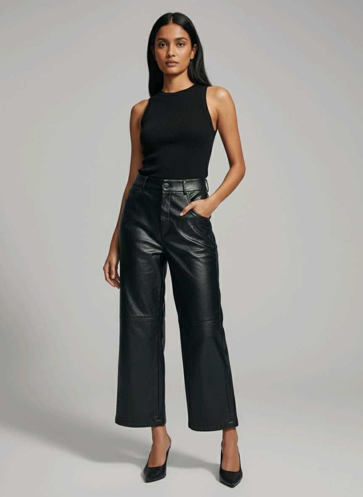 Shein Black Leather Wide Leg Pants XS 28-30
