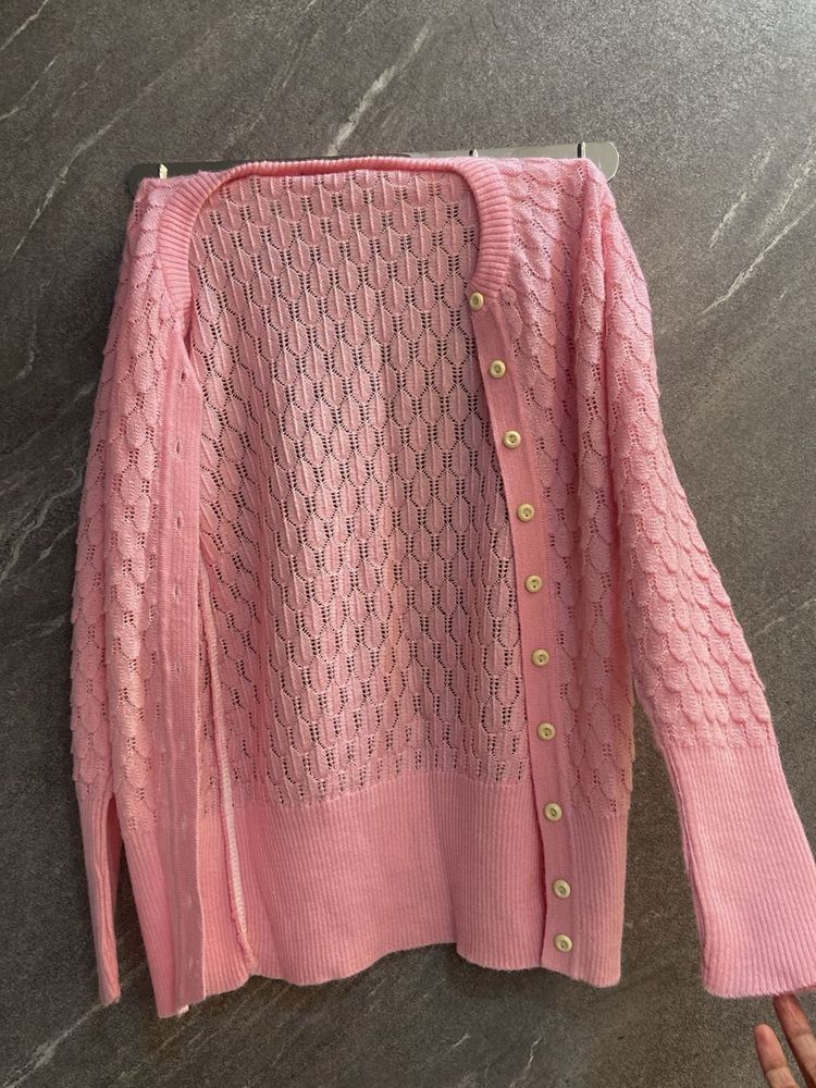 Pink Knit Cardigan Sweater