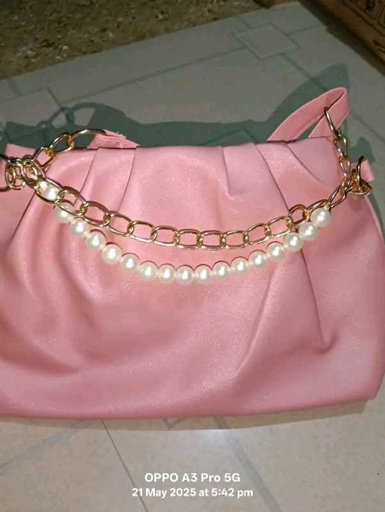 Pink Handbag with Pearl Chain