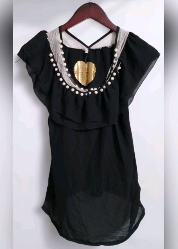 Black Sheer Ruffled Top with Keyhole Neckline