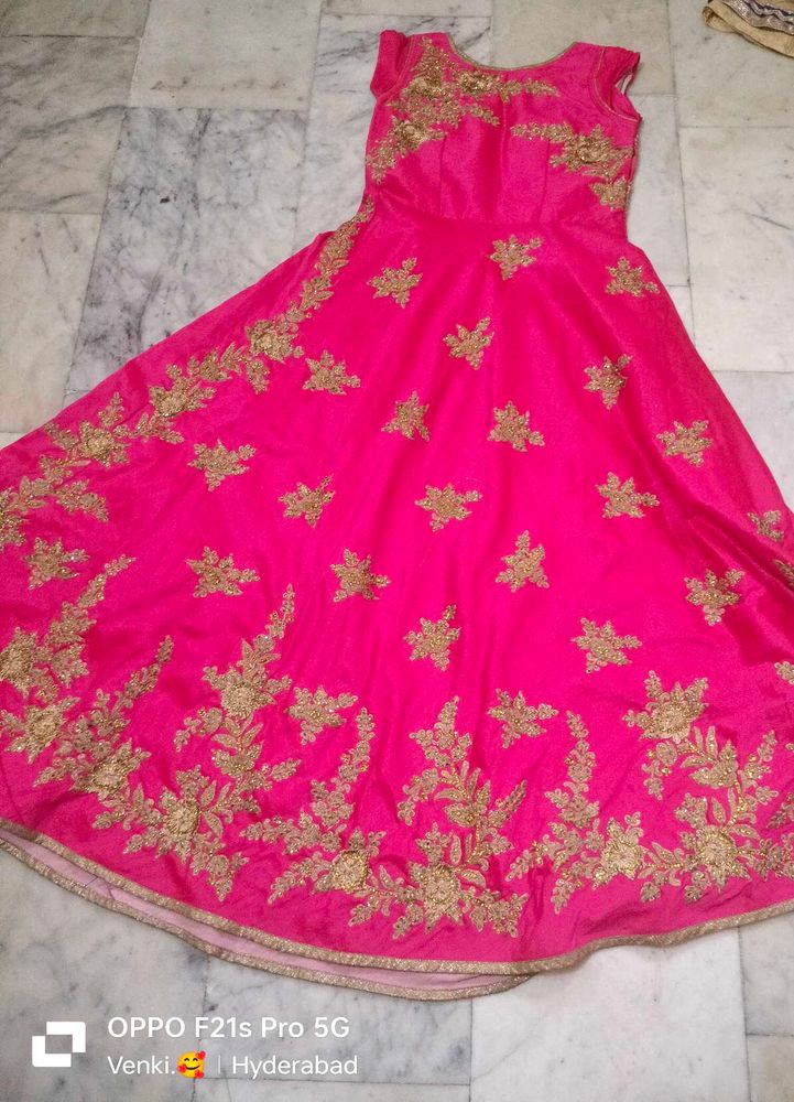 Pink &amp; Gold Embroidered Anarkali Gown