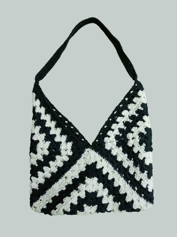 Black &amp; White Crochet Granny Square Bag