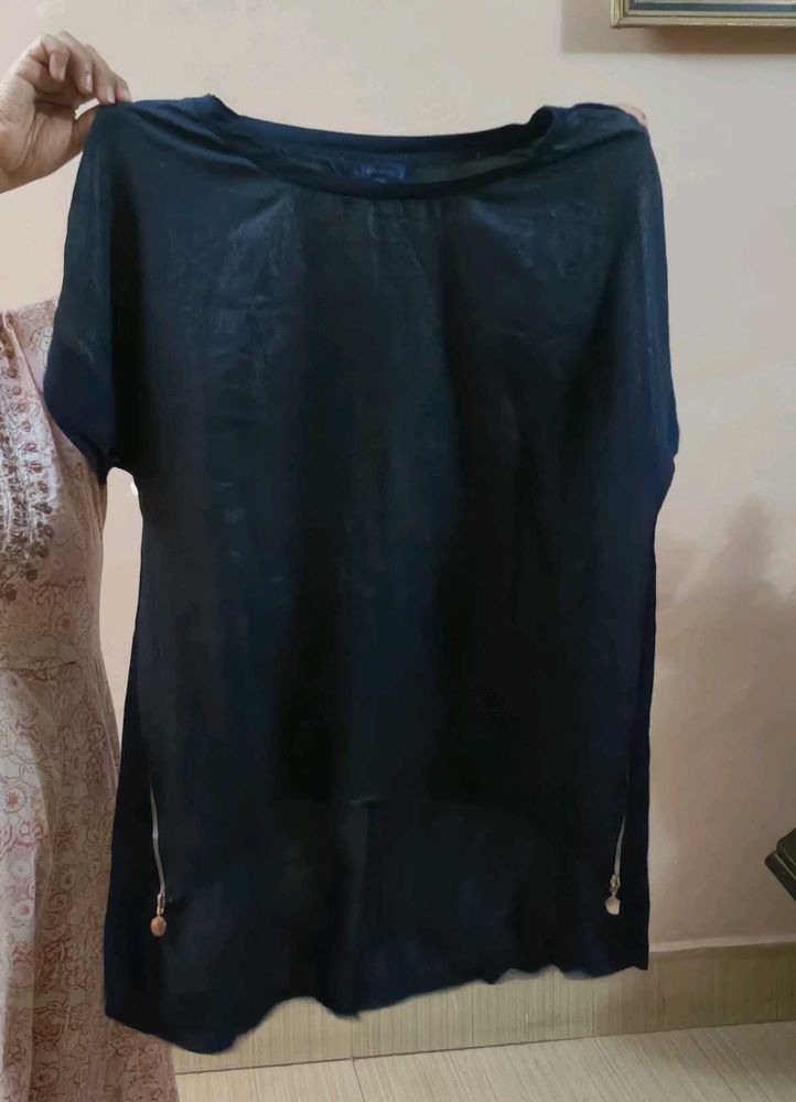 Navy Sheer High-Low Tunic with Side Zippers