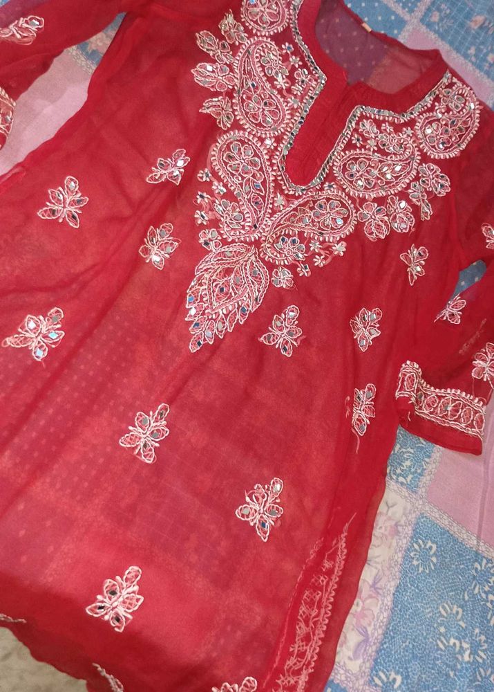 Red Mirror Work Chikankari Embroidered Kurti