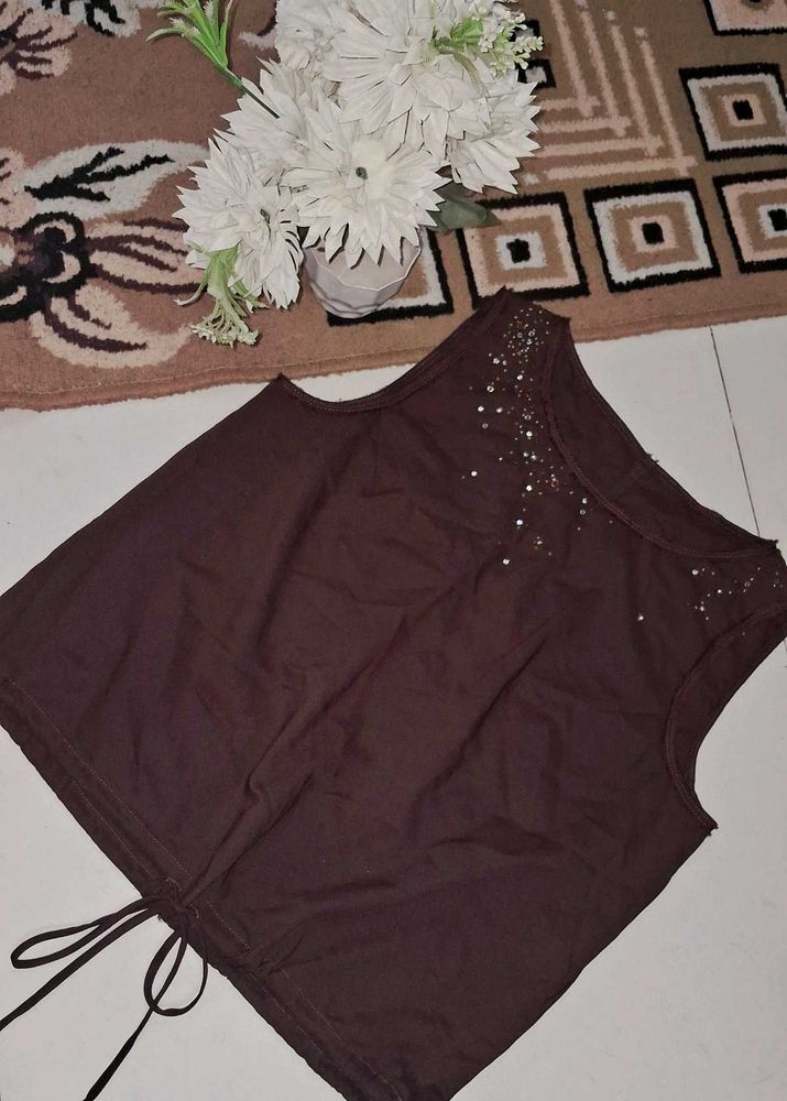 Sleeveless Coffee Brown Cute Top