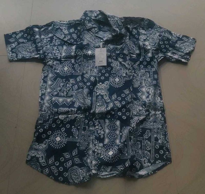 Patterned Navy Blue Shirt &amp; Short Set