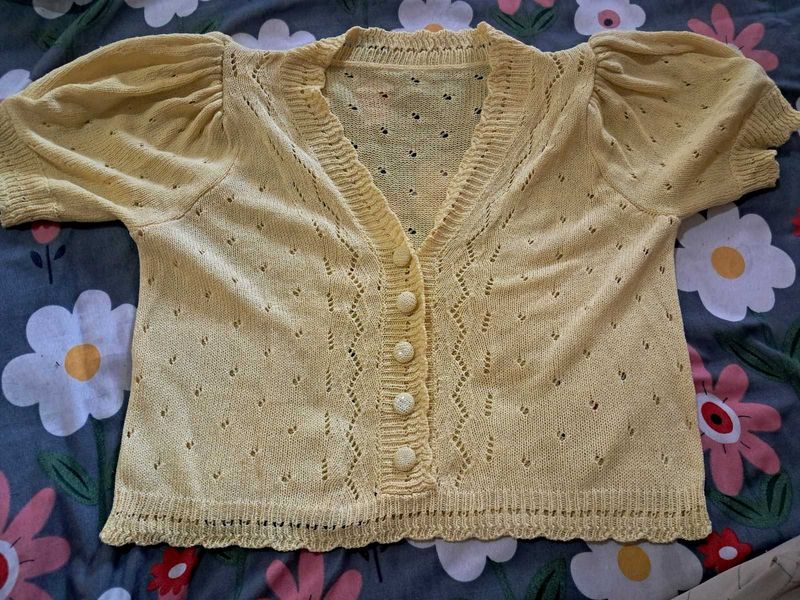 Dainty Yellow Knit Cardigan | Puff Sleeve Top